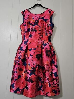 Tahari Floral Fit Flare Dress Size 8 Pink Navy Sleeveless Pockets A Line